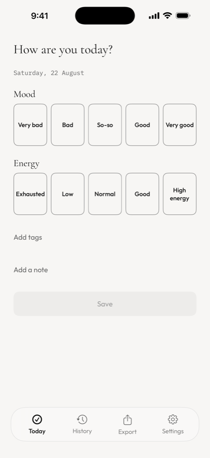 Check-in screen: two scales, mood and energy, and the save button.