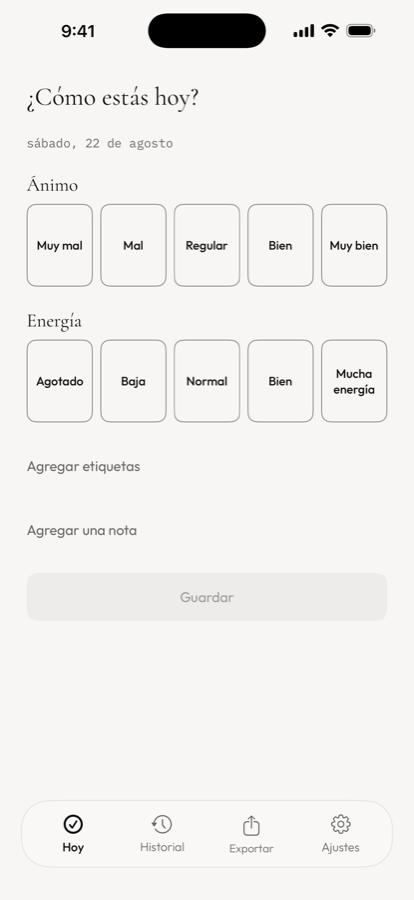 Pantalla de registro: dos escalas, ánimo y energía, y el botón de guardar.
