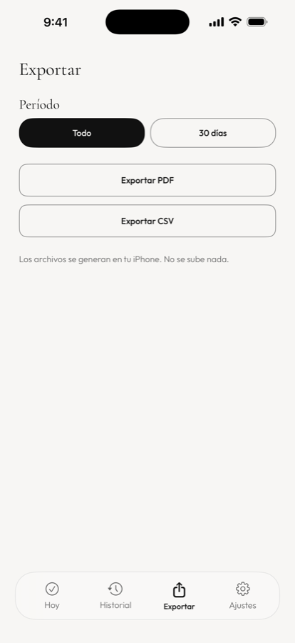 Pantalla de exportación: CSV y PDF, generados en el propio iPhone.